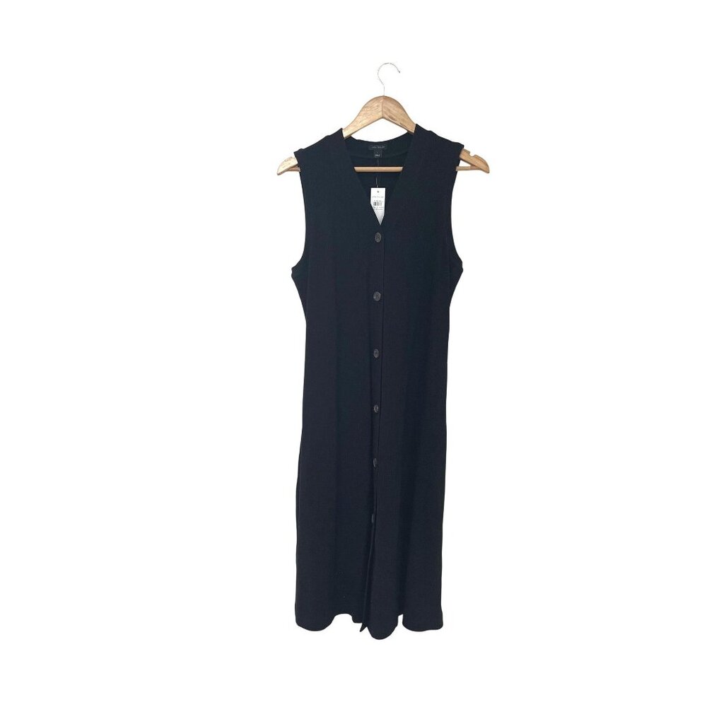 NWT Ann Taylor Classic Minimalist Preppy Black Button-Front Midi Dress Size Larg